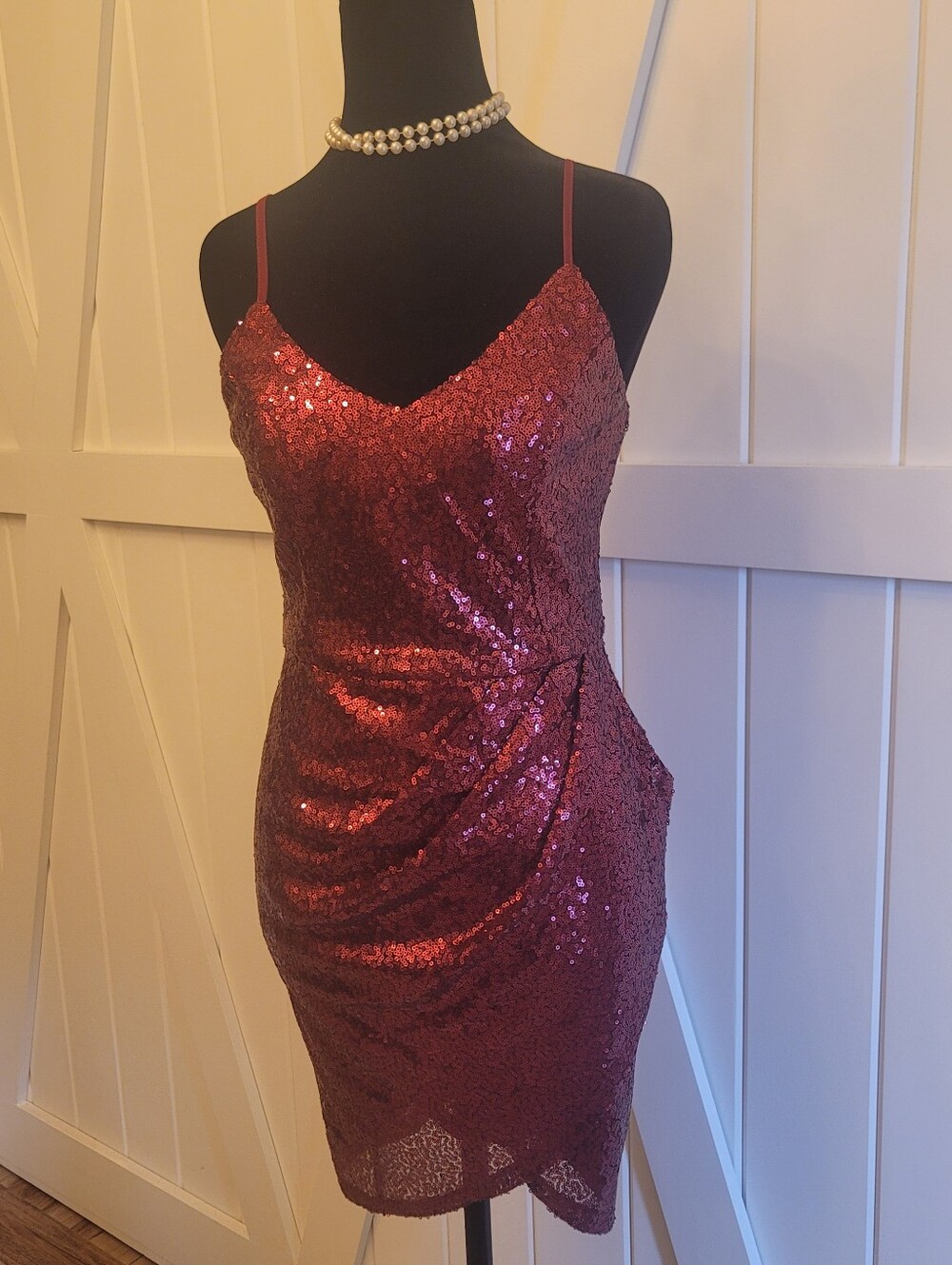 Lulus Burgundy Sequin Bodycon Cocktail Party Dress Ruched Midi Size Small